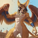 abs animal_ears anthro athletic athletic_anthro athletic_female breasts claws egyptian feathered_wings feathers female fur genitals multicolored_body multicolored_fur nipples open_mouth pocox3pro pose pussy solo standing tuft two_tone_body two_tone_fur wings yellow_body avian hybrid absurd_res hi_res