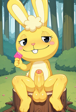 anthro balls big_balls big_penis blush condom condom_wrapper erection feet foreskin forest genitals glans glistening glistening_genitalia holding_condom holding_object humanoid_genitalia humanoid_penis looking_at_viewer male nude partially_retracted_foreskin penis plant presenting saggy_balls sexual_barrier_device short_tail sitting smile smirk solo spread_legs spreading stump tail teeth thick_penis tight_foreskin tree tree_stump yellow_body boxen549 happy_tree_friends cuddles_(htf) lagomorph leporid mammal rabbit rodent hi_res