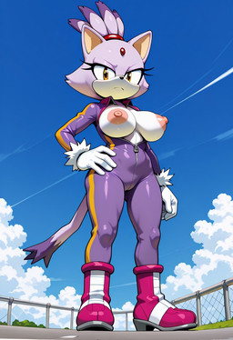 annoyed anthro areola big_areola big_breasts big_nipples bodysuit breasts clothed clothing cloud exposed_breasts female forehead_gem fur hair hand_on_hip looking_at_viewer looking_down low-angle_view nipples outside purple_body purple_fur skinsuit sky solo tight_clothing unzipped boxen549 sega sonic_the_hedgehog_(series) blaze_the_cat domestic_cat felid feline felis mammal hi_res