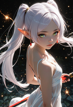 breasts clothing dress ear_piercing ear_ring eyelashes female green_eyes hair high-angle_view humanoid_pointy_ears katana lips long_hair looking_at_another looking_at_viewer melee_weapon piercing ring_piercing solo sword twintails_(hairstyle) weapon white_hair bonkaiii187 frieren:_beyond_journey's_end frieren elf humanoid hi_res