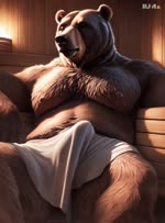 anthro bara clothed clothing erection erection_under_clothing male sauna seductive_smirk sitting solo joachim58 mammal ursid animated webm