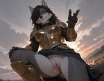 anthro anus armor black_hair black_nose bodily_fluids bottomwear claws clothing cloud ear_tuft female fur genital_fluids genitals grass grey_body grey_fur hair metal_armor plant pussy pussy_juice skirt solo tail tree tuft white_body white_fur yellow_eyes jesseenemygamer canid canine canis mammal wolf hi_res