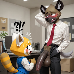 balls big_balls big_penis blush bodily_fluids bottomwear brown_body brown_fur clothed clothing darkened_balls darkened_genitalia detailed_background dress_shirt duo female foreskin fur genitals half-erect hand_in_pocket huge_balls huge_penis humanoid_genitalia humanoid_penis inside larger_male long_penis looking_at_genitalia looking_at_penis male male/female markings necktie office office_clothing open_bottomwear open_clothing open_mouth open_pants orange_body orange_fur pants penis penis_awe penis_through_fly pockets poking_out pubes question_mark saggy_balls shirt size_difference smaller_female sweat tail teeth thick_penis topwear tuft unprofessional_behavior unzipped vein veiny_penis unknown_director haida_(aggretsuko) retsuko ailurid hyaenid mammal red_panda spotted_hyena absurd_res hi_res