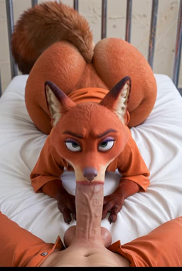 anthro big_butt black_lipstick butt clothing curvaceous curvy_figure fellatio femboy first_person_view genitals huge_butt lipstick makeup male male/male oral orange_clothing penile penis piercing prison_cell robe sex solo voluptuous vlrgromns disney zootopia nick_wilde canid canine fox mammal animated short_playtime webm
