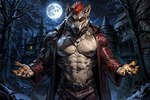 anthro areola askiewarg belt canid canine canis castle clothing coat evil_grin hatiwarg_fursona light looking_at_viewer male mammal mohawk moon moonlight muscular muscular_male night nipples pecs smile solo topwear trenchcoat wolf