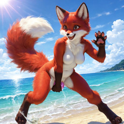 anthro breasts female fur happy lixiucun realistic red_body red_fur solo canid canine fox mammal