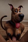 anthro bedroom_eyes black_nipples black_nose blue_collar bodily_fluids brown_body brown_fur canid canine canis collar cum cum_drip domestic_dog dripping duo female fur genital_fluids great_dane long_tongue looking_at_viewer male male/female mammal mastiff molosser narrowed_eyes nipples scooby-doo seductive sombreru tongue