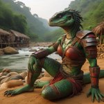 anthro armor barefoot beach bottomwear claws clothed clothing feet female green_body green_scales jungle loincloth red_eyes river scales seaside sitting sitting_on_ground solo tribal tribal_clothing village omgechounknown lizard lizardfolk reptile scalie