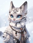 ambiguous_gender anthro bell blue_eyes blurred_background blush cloak clothing ear_piercing eyelashes facial_tuft fur jewelry markings necklace piercing pink_nose scarf snow solo solo_focus whiskers white_body white_fur sappy_(director) felid feline mammal absurd_res hi_res