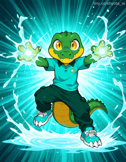 4_fingers age_difference anthro claws clothing elemental_manipulation fingers footwear green_body green_scales magic magic_user male scales shoes solo tail toe_claws water_manipulation yellow_body yellow_eyes young_anthro younger_male crocodile crocodilian crocodylid reptile scalie hi_res