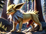 absurd_res animal_genitalia animal_penis bluepartyhatboii canine_genitalia canine_penis claws eeveelution feral forest fur generation_1_pokemon genitals grass hi_res jolteon knot light long_ears male paws penis plant pokemon_(species) red_eyes rock solo standing sunlight tree white_body white_fur yellow_body yellow_fur yiffymix_(model)