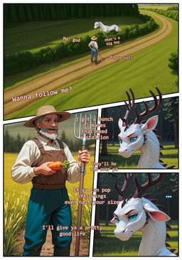 5_fingers all_fours antlers back_spikes blue_eyes blurred_background carrot clothed clothing dialogue duo embarrassed farmer feral fingers food forest forest_background front_view hair high-angle_view horn male mythology nature nature_background nude outside peasant plant pupils scales slit_pupils spikes spikes_(anatomy) standing text tree vegetable white_body white_scales nonimousmate ignir_(nonimousmate) cervid dragon human hybrid mammal mythological_creature mythological_scalie scalie comic english_text hi_res