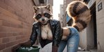 anthro bent_over breasts choker clothed clothing collar exposed_breasts female jacket jewelry leather leather_clothing leather_jacket leather_topwear metal necklace outdoors partially_clothed photorealistic raised_tail solo spiked_collar spikes topwear furryranch mammal procyonid raccoon hi_res