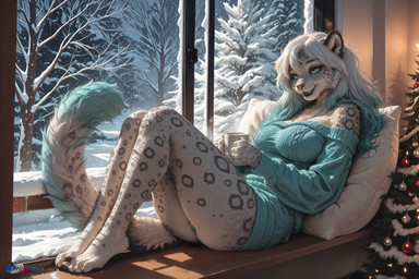 5_fingers 5_toes anthro beverage blue_eyes breasts candy chocolate christmas_tree claws clothed clothing crossed_toes curling_up dessert fangs feet female fingers food fur glowing glowing_eyes gradient_hair grey_body grey_fur hair hot_chocolate inner_ear_fluff living_room long_hair looking_away melissa_(chrisphoenix) mug open_mouth pillow plant sitting smile snow snow_on_branches snow_on_ground snowing solo spots spotted_body spotted_fur tail teeth toes tree tree_outside tuft turquoise_hair turquoise_panty turquoise_sweater turquoise_tail wavy_hair white_body white_fur white_hair window winter_background chrisphoenix felid mammal pantherine snow_leopard absurd_res hi_res