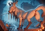 animal_genitalia animal_penis animal_pussy antlers anus bandages blindfold bodily_fluids butt candle canine_genitalia canine_penis dripping female feral full_moon fur genital_fluids genitals hair holding_object holding_sword holding_weapon horn inner_ear_fluff looking_at_viewer looking_back looking_back_at_viewer melee_weapon moon night penis presenting presenting_hindquarters pussy pussy_juice pussy_juice_drip pussy_juice_puddle pussy_juice_string quadruped raised_tail ruins sharp_teeth solo solo_focus standing sword teeth tuft weapon white_body white_fur white_hair powerhead_(director) bloodborne vicar_amelia canid canine canis mammal wolf full-length_portrait hi_res portrait