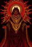 5_fingers abstract_background ambiguous_gender bracelet claws clothed clothing disembodied_hand fangs fingers fur gold_(metal) gold_jewelry grin halo jewelry looking_at_viewer magic_user male multi_arm multi_limb necklace open_mouth red_eyes robe sharp_teeth simple_background smile solo standing teeth unknown_director canid canine canis demon mammal wolf hi_res portrait