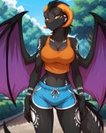 anthro black_body blue_bottomwear blue_clothing blue_shorts bottomwear bra breasts cleavage clothed clothing day detailed_background female hair horn looking_at_viewer membrane_(anatomy) membranous_wings midriff mythology non-mammal_breasts orange_eyes outside park plant scales shirt shorts sky smile solo sports_bra standing tank_top topwear tree underwear wings anontk twokinds madam_reni_(twokinds) dragon mythological_creature mythological_scalie scalie western_dragon hi_res