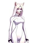 anthro blonde_hair bodysuit breasts clothing female fur hair looking_at_viewer purple_eyes skinsuit smile solo tight_clothing white_body white_fur foxytaill arctic_fox canid canine canis fox mammal absurd_res hi_res