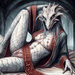 anthro baggy_clothing bed breasts carnelia clothing dragonborn_(disambiguation) female furniture genitals looking_at_viewer non-mammal_breasts on_bed pose pussy raised_leg robe scalie solo ulfyn unusual_anatomy unusual_genitalia