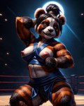 anthro black_hair black_pussy blue_clothing breasts clothing female fighting_ring genitals hair looking_at_viewer nipples pink_nipples pussy solo standing warcraft marcus64 mammal pandaren ursid hi_res