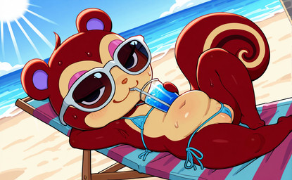 anthro beach_chair bedroom_eyes belly big_tail bikini blue_bikini blue_clothing blue_swimwear bodily_fluids brown_body clothing eyewear female hand_behind_head light looking_at_viewer messy_fur micro_bikini narrowed_eyes relaxing sea seductive side-tie_bikini slightly_chubby smug solo sun sunbathing sunglasses sunlight sweat swimwear tropical tropical_drink water mirakelpung animal_crossing nintendo pecan_(animal_crossing)