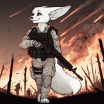 anthro bushy_tail clothed clothing dall-e_3 detailed_background fire front_view fully_clothed fur gloves gun handwear looking_away male meteor_shower military_uniform outside ranged_weapon rifle smile smoke solo_focus tactical_gear uniform weapon whiskers white_body white_fur lucifluffy wilek canid canine fennec fox mammal