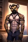 absurd_res anthro armband bottomwear bracelet bumblebee95 clothed clothing collar hand_in_pocket harness hi_res hyaenid jewelry looking_at_viewer male mammal muscular muscular_male open_bottomwear open_clothing pockets pubes shorts solo