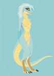 anthro belly blue_body breasts claws digitigrade fauxhawk featureless_breasts female hair hands_behind_back hi_res lizard looking_at_viewer non-mammal_breasts oldhroft reptile scales scalie scuted_legs scutes shy simple_background small_breasts solo standing thick_tail white_hair yellow_belly yellow_eyes yellow_sclera