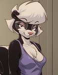 anthro cleavage_cutout clothing eyewear female glasses hair looking_at_viewer sabrina_online shirt short_hair skunk_tail solo tank_top topwear white_hair zaddha sabrina_(sabrina_online) mammal mephitid skunk hi_res