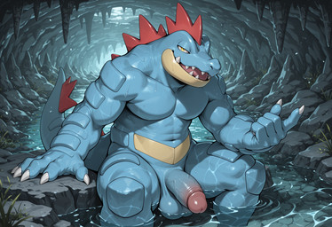 5_fingers abs anthro atmospheric balls beckoning bedroom_eyes blue_balls blue_body blue_penis blue_scales caustics cave claws fingers genitals gesture glans half-closed_eyes half-erect haze humanoid_genitalia humanoid_penis looking_at_viewer male narrowed_eyes navel open_mouth partially_submerged partially_submerged_legs penis pink_glans scales seductive sharp_teeth sitting_on_rock solo stalactite tail teeth vein veiny_penis water wet wet_body yellow_eyes dfy6c nintendo pokemon crocodilian feraligatr generation_2_pokemon pokemon_(species) reptile scalie hi_res