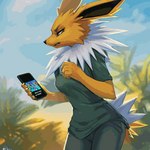 5_fingers angry animated anthro blue_eyes bottomwear cellphone claws clothing detailed_background edit eeveelution female fingers fur generation_1_pokemon group jealous jolteon looking_at_object looking_at_phone mammal multicolored_body multicolored_fur palm_tree pants phone plant pokemon_(species) regamped shirt smartphone sparks stable_diffusion topwear tree two_tone_body two_tone_fur warm_colors white_body white_fur yellow_body yellow_fur