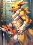 anthro balls bodily_fluids cock_transformation cum cum_from_mouth cum_in_mouth cum_inside duo genital_fluids genitals knot male masturbation penis text transformation vein veiny_knot veiny_penis thedavid digimon_(species) guilmon renamon english_text hi_res