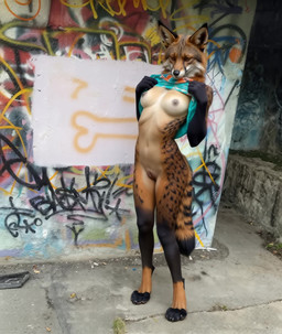 anthro black_nose bottomless breasts clothed clothing clothing_lift digitigrade exposed_breasts female fox_ears fur genitals graffiti innie_pussy looking_at_viewer nipples nude orange_body outdoor_nudity outside presenting pussy realistic realistic_fur realistic_lighting solo spots spotted_body spotted_fur street zabern canid canine fox mammal animated hi_res short_playtime webm