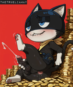 anthro anus balls bite biting_lip biting_own_lip black_body black_fur blue_eyes blush bodily_fluids butt coin cum cumshot ejaculation erection fur genital_fluids genitals humanoid_genitalia humanoid_penis male masturbation multicolored_body multicolored_fur penis raised_tail self_bite smile solo two_tone_body two_tone_fur white_body white_fur thetrueliamay persona_5 morgana_(persona) domestic_cat felid feline felis mammal absurd_res hi_res