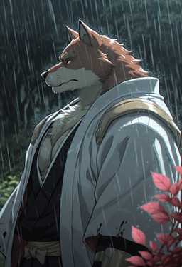 barazoku male muscular raining serious_face solo yellow_eyes kuri245bo bleach_(series) sajin_komamura canid canine canis mammal wolf hi_res