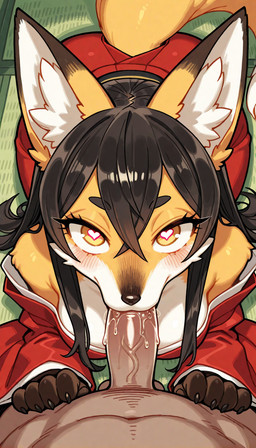 anthro asian_clothing black_hair blush clothing east_asian_clothing faceless_character faceless_human faceless_male fellatio female first_person_view fur hair japanese_clothing long_hair looking_up_at_viewer male oral orange_body orange_fur penile red_clothing sex straight_hair white_body white_fur shoptus canid canine fox human mammal red_fox hi_res