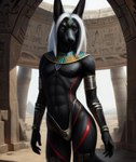 anthro anubian_jackal architecture armor bikini black_body black_fur black_nipples black_nose bracers butt canid canine canis clothing day desert detailed detailed_background egyptian egyptian_clothing femboy fluffy fluffy_ears fluffy_tail fur genitals hair hi_res hieroglyphics humanoid_hands jackal jewelry long_ears long_hair looking_at_viewer male mammal nipples outside portrait prick_ears pyramid sand snout solo swimwear three-quarter_portrait white_hair