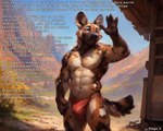 african_wild_dog anthro blue_eyes bottomwear bulge canid canine clothing kaleb loincloth male mammal muscular muscular_male smile smiling_at_viewer solo text wetfur_(director)