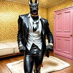 anthro belt blazer bottomwear clothed clothing dancing leather leather_clothing living_room male open_clothing open_shirt open_topwear pants shirt solo teasing topwear sound_warning vlrgromns anubis anubian canid canine canis deity egyptian_mythology jackal mammal animated music short_playtime sound webm