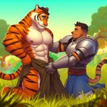 anthro armor cloth clothing duo felid field grass gropping half_human half_human_half_tiger knight male male/male mammal muscular nipples pantherine plant shirtless tiger tree undressing warrior zidanes123