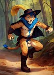 animal_genitalia anthro armlet balls belt blue_eyes blue_mane body_hair boots bottomless cape clothed clothing cosplay countershading feathers footwear forest fully_sheathed fur genitals happy_trail hat headgear headwear light_body light_countershading looking_at_viewer male mane nipples open_mouth plant pubes road running sheath smile smirk solo spots spotted_body spotted_fur tree hamgas_(director) hamgas puss_in_boots_(dreamworks) felid lion mammal pantherine hi_res