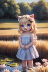 anthro blond_hair blue_eyes clothing cub dress female field forest lily_pad looking_at_viewer pigtails plant pond smile solo tree wheat wheat_field young venisoncreampie mammal suina hi_res