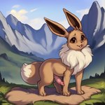 animal_genitalia animal_penis brown_eyes canid canine canine_genitalia canine_penis day eevee eevee_k feral fluffy fur_rug generation_1_pokemon genitals looking_at_viewer male mammal mountains neck_tuft open_mouth penis pokemon_(species) solo standing tuft