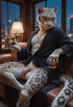 anthro balls clothing genitals looking_at_viewer male penis solo sounds_like_thunder felid feline mammal pantherine snow_leopard hi_res
