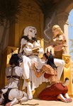 anthro breasts chain chair exposed_breasts female furniture leg_cuff pipe_in_mouth smoke throne throne_room tray anonymous_director canid canine canis domestic_dog felid feline human hunting_dog lynx mammal saluki sighthound absurd_res hi_res