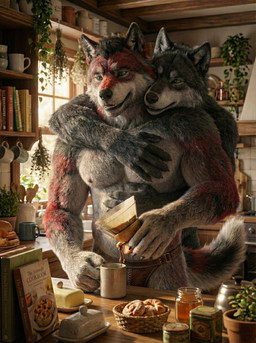 anthro beverage black_body black_fur bottomwear clothing coffee duo food fur kitchen leather leather_bottomwear leather_clothing male male/male morning muscular muscular_anthro pecs red_body red_fur romantic romantic_couple smile thong thong_straps underwear sweet_husbando canid canine canis mammal wolf absurd_res hi_res