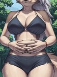 anthro belly belly_squish big_breasts bikini bikini_top bottomwear breasts cleavage clothed clothing female hand_on_stomach holding_belly outdoors plant shorts slightly_chubby solo squish standing swimwear tree wristband anonymous_director loona_(helluva_boss) canid canine canis mammal wolf hi_res