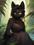 2023 anthro black_body black_fur black_hair black_nose bracelet braided_hair breasts clothed clothing dress female fur green_eyes hair headgear headwear jewelry outside plant solo water sappy_(director) felid feline felis mammal hi_res