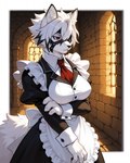 anthro breasts castle clothing crossgender female fluffy fluffy_tail fur maid_uniform red_eyes uniform white_body white_fur alastorgj zenless_zone_zero von_lycaon canid canine canis humanoid mammal wolf hi_res