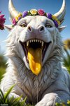 blue_sky bodily_fluids dripping feral flower flower_crown fur horn male mouth_shot open_mouth oral_vore plant saliva saliva_drip sky solo tongue vore white_body white_fur yellow_eyes yellow_tongue l649000 dragon furred_dragon attempted_signature hi_res